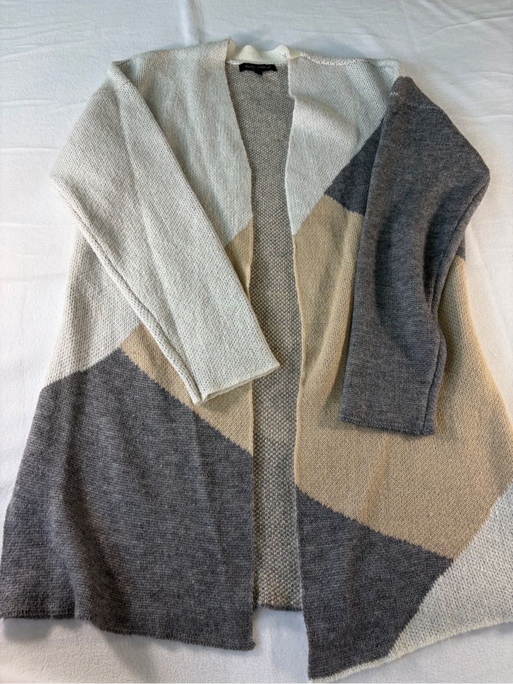 kathy ireland Colorblock Open Cardigan in Cream, Beige & Gray